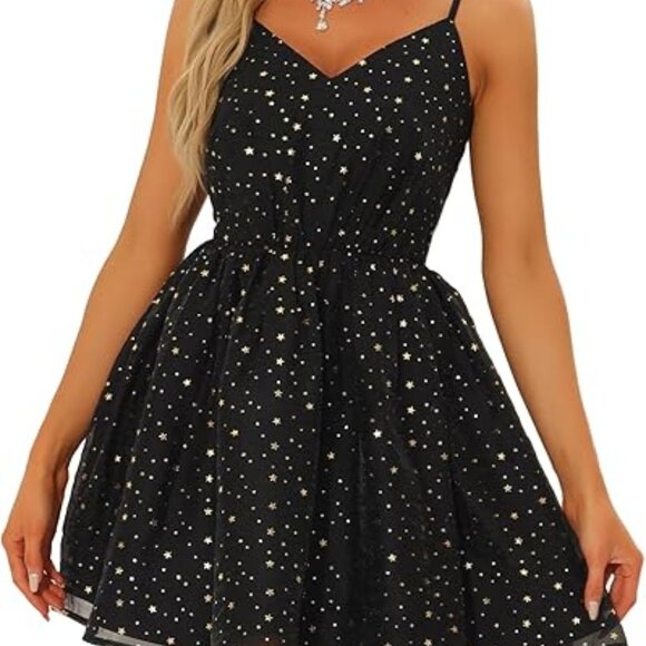 ALLEGRA K Party Metallic Stars Mini Dress/ Spaghetti Strap Sz: L Black/Gold - Picture 12 of 15